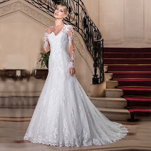 

Mermaid / Trumpet Wedding Dresses V Neck Chapel Train Lace Tulle Lace Over Satin Long Sleeve Vintage See-Through Illusion Sleeve with Beading 2022 / Bell Sleeve