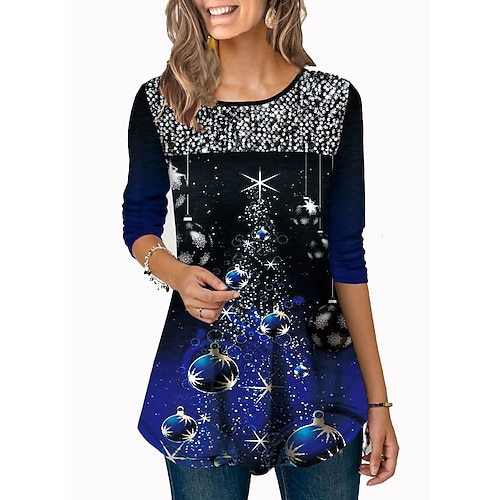 

Women's T shirt Tee Tunic Green Black Blue Graphic Christmas Tree Print Long Sleeve Christmas Weekend Christmas Round Neck Long 3D Printed Painting S