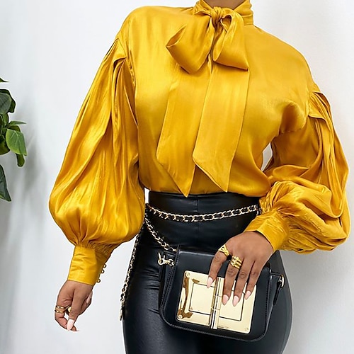 

Women's Blouse Shirt Yellow Red White Plain Sparkly Lace up Long Sleeve Daily Weekend Streetwear Casual High Neck Regular Lantern Sleeve S