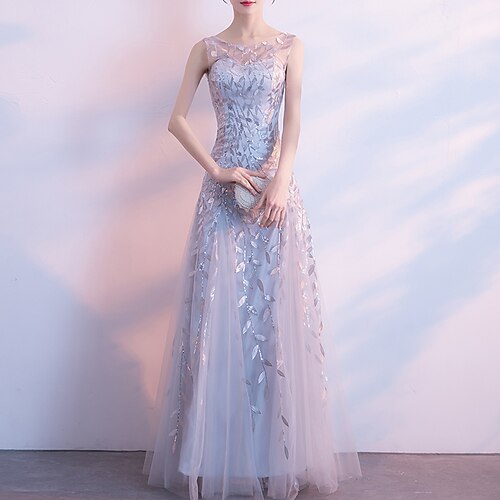 

A-Line Evening Dresses Elegant Dress Prom Floor Length Sleeveless Jewel Neck Tulle with Embroidery Pattern / Print 2022 / Formal Evening