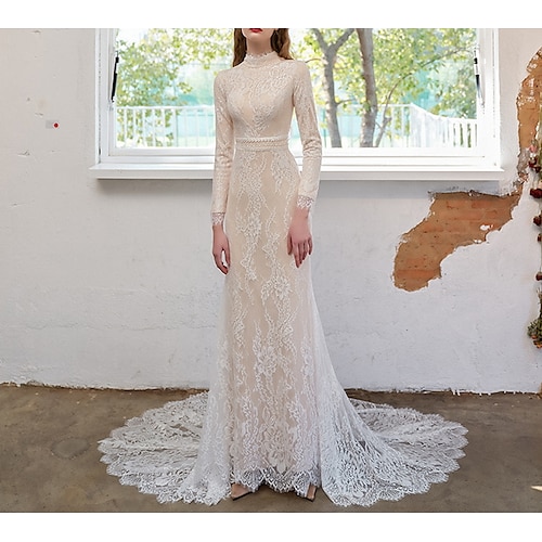 

A-Line Wedding Dresses High Neck Court Train Lace Tulle Long Sleeve Romantic Vintage with Appliques 2022