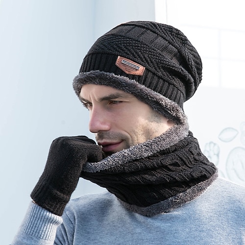 

3pcs/set Fashion Knitted Hat Men Women's Winter Hats With Scarves And Touch Screen Gloves Thick Warm Beanie Hat Men Caps