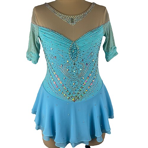 

Figure Skating Dress Women's Girls' Ice Skating Dress Outfits Sky Blue Spandex High Elasticity Training Competition Skating Wear Handmade Patchwork Crystal / Rhinestone Short Sleeve Ice Skating