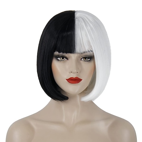 

Witches/Wizard Wig Black White Wigs Cruella Deville Women 12inch Short Bob Hair Wig with Bangs,Cute Wigs for Party Cosplay Wigs White Wig Black Wig