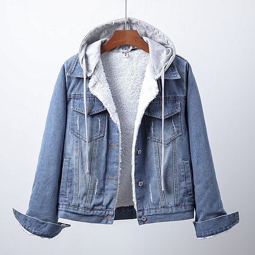 

Women's Jacket Denim Jacket Hoodie Jacket Party Office Sport Fall Winter Short Coat Regular Fit Warm Elegant Jacket Long Sleeve Denim Button Belted Light Blue Dark Blue / Casual / Daily