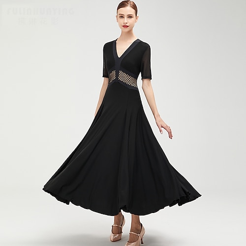 

Ballroom Dance Dress Solid Splicing Women's Training Performance Short Sleeve Crystal Cotton