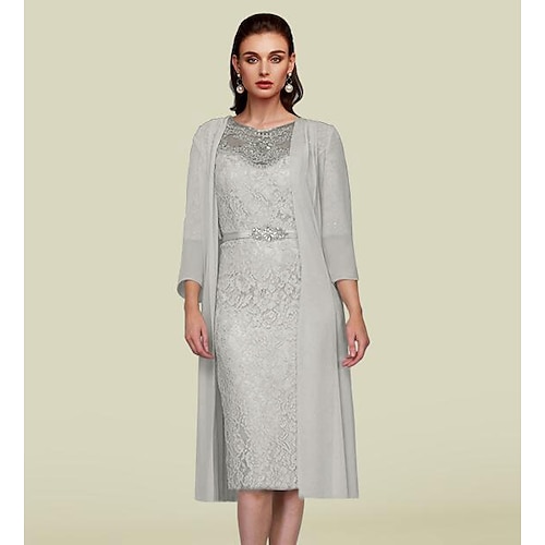 

Two Piece Sheath / Column Mother of the Bride Dress Elegant Jewel Neck Knee Length Chiffon Lace Long Sleeve with Beading Appliques 2022
