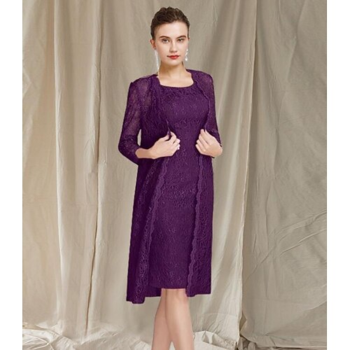 

Two Piece Sheath / Column Mother of the Bride Dress Elegant Jewel Neck Knee Length Lace Sleeveless 3/4 Length Sleeve with Appliques 2022