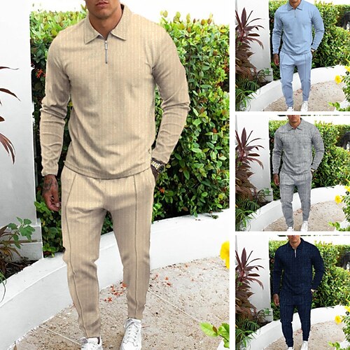 

Men's Collar Polo Shirt Golf Shirt Set Striped Turndown Green Blue Khaki Light Blue Gray Outdoor Street Long Sleeve collared shirts Clothing Apparel Fashion Casual Breathable Comfortable