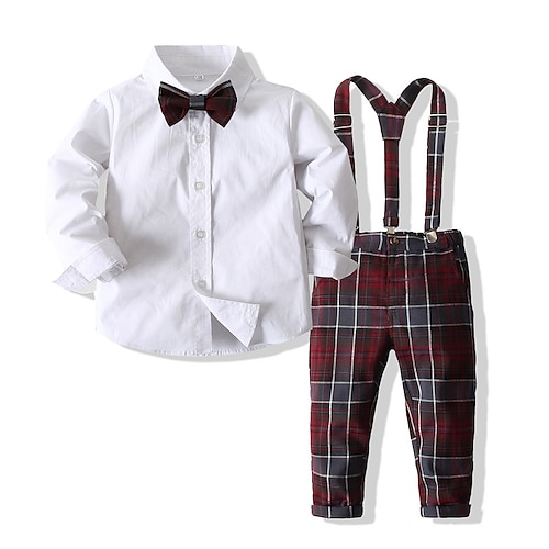 

2 Pieces Kids Boys Suit & Blazer Shirt & Pants Outfit Plaid Long Sleeve Cotton Set Basic Fall Spring 1-5 Years White