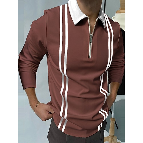 

Men's Collar Polo Shirt Golf Shirt Letter Graphic Prints Standing Collar Light Brown Brown Outdoor Work Long Sleeve Patchwork Braided Clothing Apparel Cotton Sports Fashion Business Retro / Club