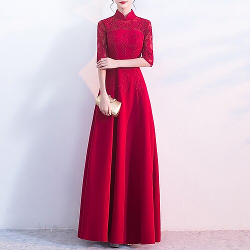 

A-Line Chinese Style Vintage Prom Formal Evening Dress Stand Collar Half Sleeve Floor Length Stretch Fabric with Pleats Appliques 2022