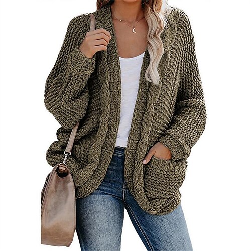 

Women's Cardigan Sweater Jumper Cable Chunky Knit Pocket Knitted Solid Color Open Front Basic Casual Daily Drop Shoulder Winter Fall Green khaki S M L / Long Sleeve / Loose Fit