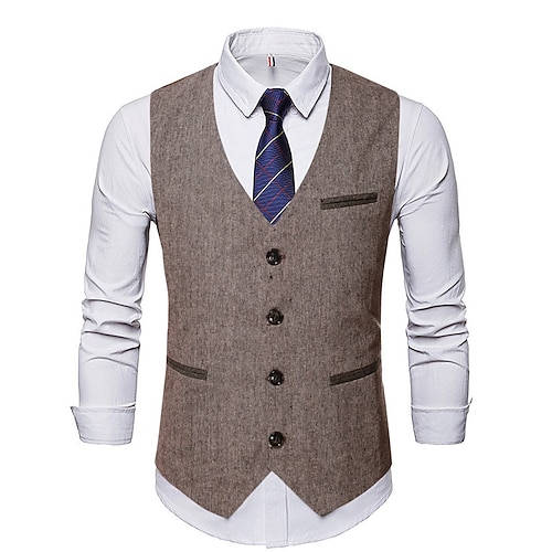 

Men's Formal Vest Solid Color Tailored Fit V Neck Single Breasted Four-buttons Coffee 2022