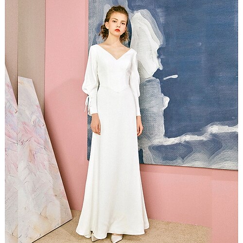 

A-Line Wedding Dresses V Neck Floor Length Chiffon Long Sleeve Simple Vintage with Bow(s) 2022