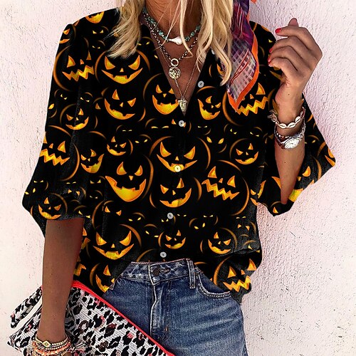 

Women's Blouse Shirt Blue Purple Orange Graphic Pumpkin Button Print Long Sleeve Halloween Weekend Streetwear Halloween Standing Collar Regular S