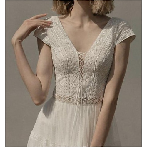 

A-Line Wedding Dresses V Neck Floor Length Lace Tulle Short Sleeve Romantic Beach Sexy Backless with Appliques 2022