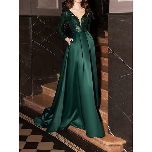 

A-Line Evening Dresses Formal Glittering Dress Wedding Guest Court Train Long Sleeve V Neck Satin with Pleats Sequin 2022 Emerald Green