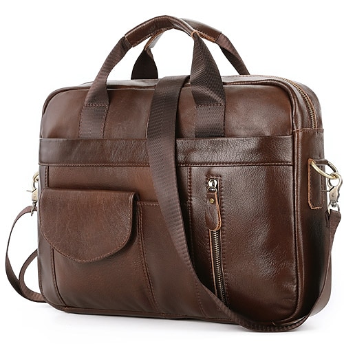 

Men's Leather Bag Handbags Laptop Bag Briefcase Top Handle Bag Nappa Leather Cowhide Zipper Plain Office & Career Black Coffee