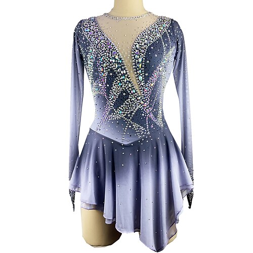 

Figure Skating Dress Women's Girls' Ice Skating Dress Outfits Silver Mesh Spandex High Elasticity Training Competition Skating Wear Handmade Patchwork Crystal / Rhinestone Long Sleeve Ice Skating