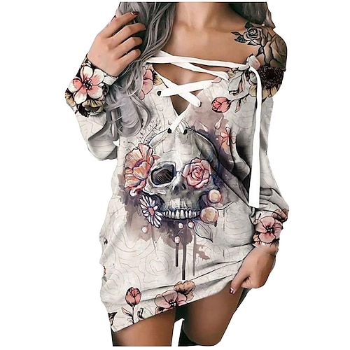 

Women's Sweatshirt Pullover Active Streetwear Lace up Cold Shoulder Print Black White Yellow Floral Skull Halloween Off Shoulder Long Sleeve