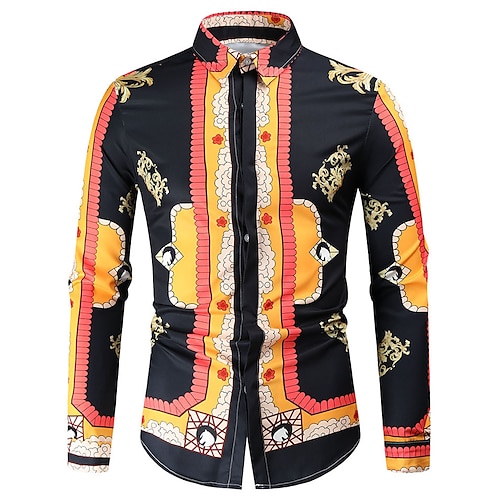 

Men's Shirt Geometric Chains Print Classic Collar Party Casual Print Long Sleeve Tops Ethnic Style Casual Black