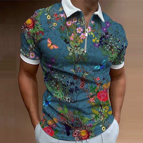 Men's Golf Shirt Floral Collar Street Daily Zipper Print Short Sleeve Regular Fit Tops Sportswear Casual Fashion Comfortable Navy Blue / Summer