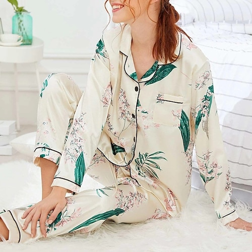 

Dame Pyjamas Sæt Nighty 1set Leopard Blomst Enkel Komfort Sød Hjem Fest St.Patrick's Day Silke Knaphul Langærmet Skjorte Bukse Elastisk Talje Trykt mønster Lomme Efterår Forår Hvid Sort / Satin