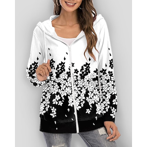 

Women's Hoodie Zip Hoodie Sweatshirt Pullover Active Streetwear Zipper Print Black Floral Daily Hooded Long Sleeve S M L XL XXL / 3D Print