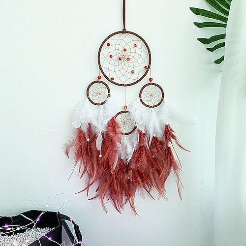 

Boho Dream Catcher Handmade Gift Wall Hanging Decor Art Ornament Craft 4 Circles Bead Feather For Kids Bedroom Wedding Festival