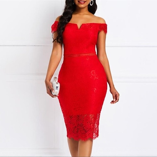 

Women's Party Dress Lace Dress Sheath Dress Midi Dress Black Red Navy Blue Short Sleeve Pure Color Lace Fall V Neck Party Christmas S M L XL XXL
