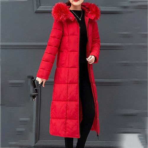 

Women's Puffer Jacket Winter Jacket Winter Coat Parka Street Daily Valentine's Day Winter Fall Long Coat Regular Fit Warm Casual Jacket Long Sleeve Plain Full Zip Black Blue Red / Going out