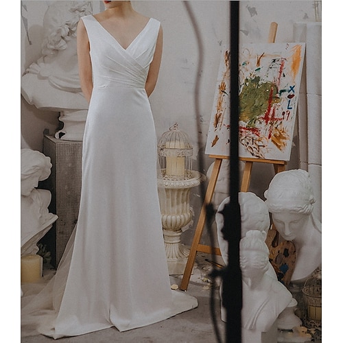 

Sheath / Column Wedding Dresses V Neck Sweep / Brush Train Satin Sleeveless Country Simple with Ruched 2022