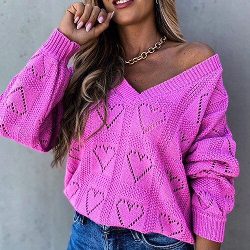 

Women's Sweater Pullover Jumper Knitted Hole LOVE Heart Pure Color Stylish Casual Soft Long Sleeve Regular Fit Sweater Cardigans V Neck Fall Winter White Pink Fuchsia