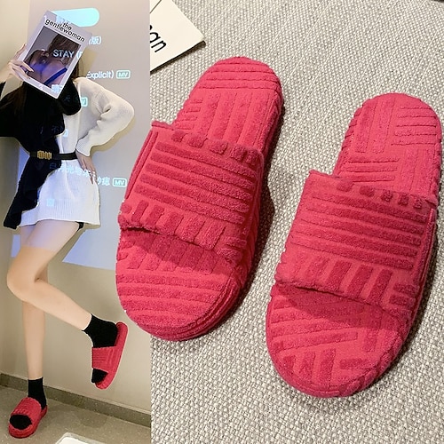 

Women's Slippers Flip-Flops House Slippers Home Daily Flower Flat Heel Round Toe Cotton Loafer Solid Colored Light Red Fuchsia Green