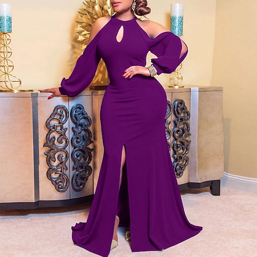 

abito da festa formale da donna abito da ospite di nozze tubino abito lungo abito maxi abito blu viola bianco manica lunga colore puro diviso autunno scollo all'americana abito invernale s m l xl xxl