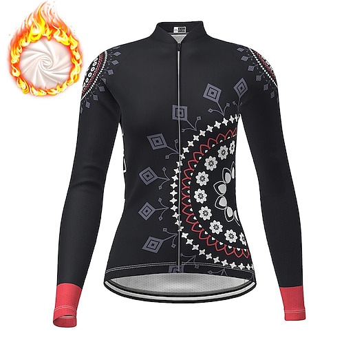 

21Grams Women's Long Sleeve Cycling Jersey Winter Black Floral Botanical Bike Top Mountain Bike MTB Road Bike Cycling Fleece Spandex Polyester Fleece Lining Warm Moisture Wicking Sports Clothing