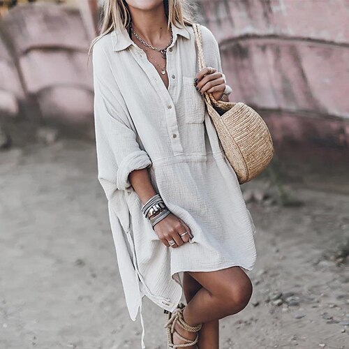 

Mujer Vestido de Camisa Vestido Midi Vestido de invierno Diario Vacaciones Poliéster Casual Cuello Camisero Botón Bolsillo Manga Larga Verano Primavera Otoño 2023 Holgado Blanco Gris Oscuro Color puro