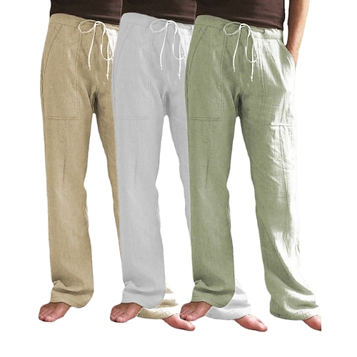 Men's Linen Pants Trousers Summer Pants Pocket Drawstring Elastic Waist  Plain Breathable Lightweight Full Length Casual Daily Beach Linen / Cotton  Blend Basic Straight Loose Fit ArmyGreen Black 2024 - $21.99