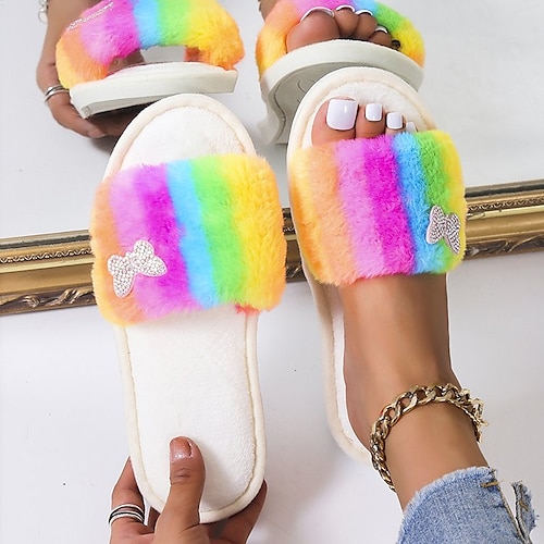 

Femme Chaussons Tongs Pantoufles floues Pantoufles d'intérieur Talon Plat Bout rond Gomme Mocassins Bloc de couleur Noir Fuchsia Arc-en-ciel