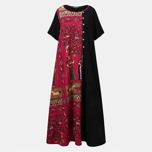 

Women's Swing Dress Black Beige Short Sleeve Floral Print Fall Summer L XL XXL 3XL