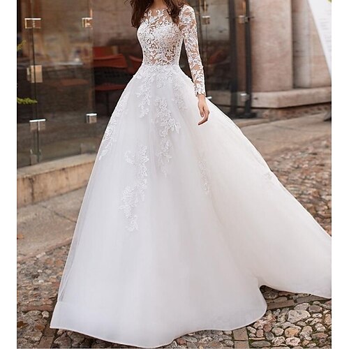 

A-Line Wedding Dresses Jewel Neck Sweep / Brush Train Lace Tulle Long Sleeve Formal Romantic Luxurious with Appliques 2022