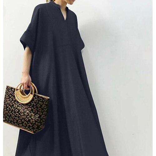 

Women's Casual Dress Shirt Dress Linen Dress Midi Dress Black Dark Blue Gray Half Sleeve Patchwork Fall Spring Crew Neck Loose Fit Linen M L XL