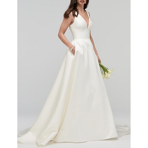 

A-Line Wedding Dresses V Neck Sweep / Brush Train Satin Sleeveless Formal Simple with Pleats 2022