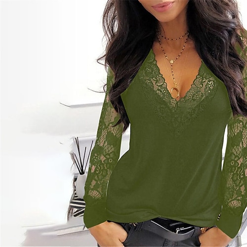 iLOOSKR Womens Plus Size Long Sleeve Solid Casual Lace V-Neck Blouse T-Shirt Tops