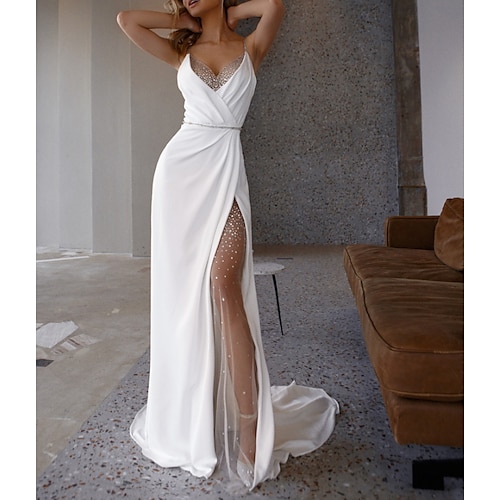 

Sheath / Column Wedding Dresses V Neck Spaghetti Strap Sweep / Brush Train Lace Sequined Italy Satin Sleeveless Simple Beach Sexy Sparkle & Shine with Sequin Split Front 2022