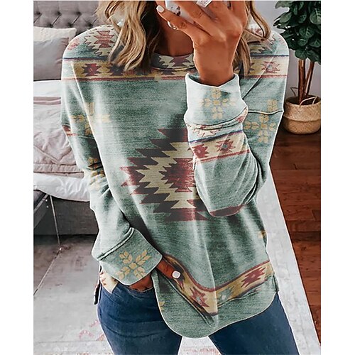 

Women's Sweatshirt Geometric Patchwork Print Daily Sports 3D Print Basic Ethnic Hoodies Sweatshirts Loose Blue Green Red