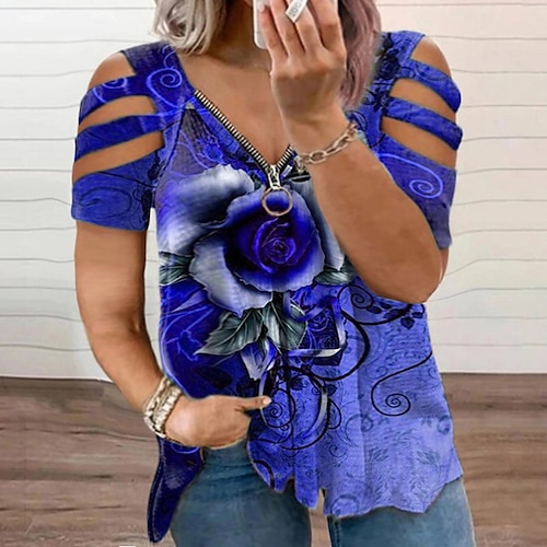 

Women's Plus Size Tops T shirt Tee Floral Print Half Sleeve V Neck Zipper Front Preppy Valentine's Day Daily Causal Polyester Spring Summer Blue Gray