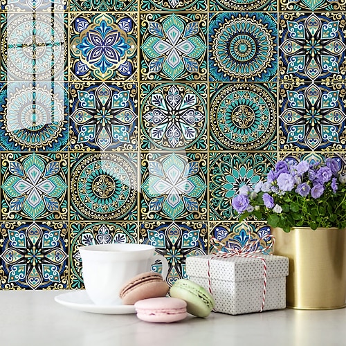 

European Style Thick Tile Self-adhesive Paper Blue Mandala Kitchen Oil-proof And Waterproof Removable Wall Stickers 12PCS 15X15cm