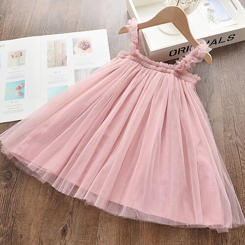 

Kids Girls' Dress Solid Colored Strap Dress Knee-length Dress Pleated Sleeveless Vacation Dress 2-8 Years Summer Blue Pink Gray